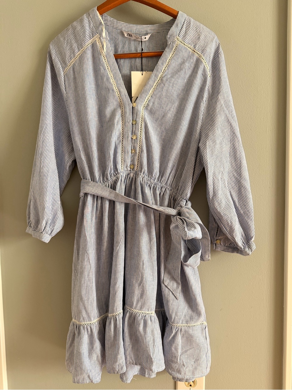 ZARA Blue and White Strip Linen Blend Belted Mini Dress SIZE L